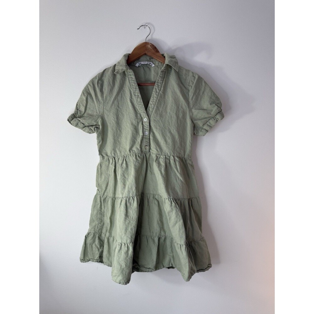 ✿ Zara Linen Dress Sage Green Tiered Button Front Short Sleeve Boho Size S